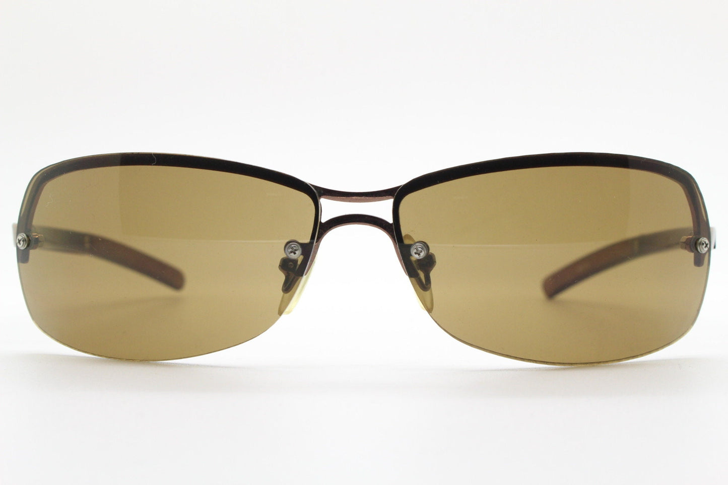 Y2K vintage modified small aviator sunglasses. Metallic brown chrome half frame with curved bug eye lenses and straight arms. 2000's. NOS