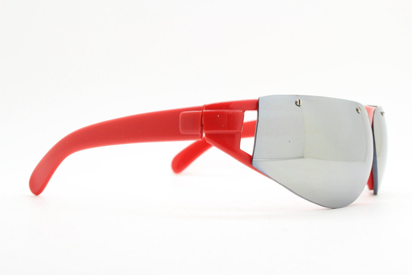 90s vintage visor shield sunglasses. Half frame wrap around in bright red with gold sunburst mirror lenses. Bug eye mask. 2000's. Y2K. NOS