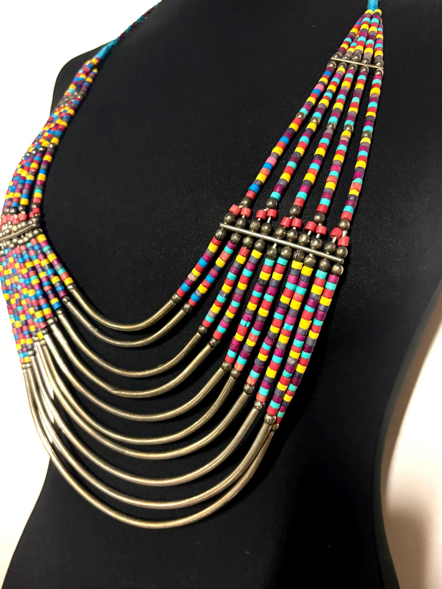 Y2K vintage massive statement Masai style beaded chain necklace. Multi coloured beads with concentric semi circle metal crescents. NOS