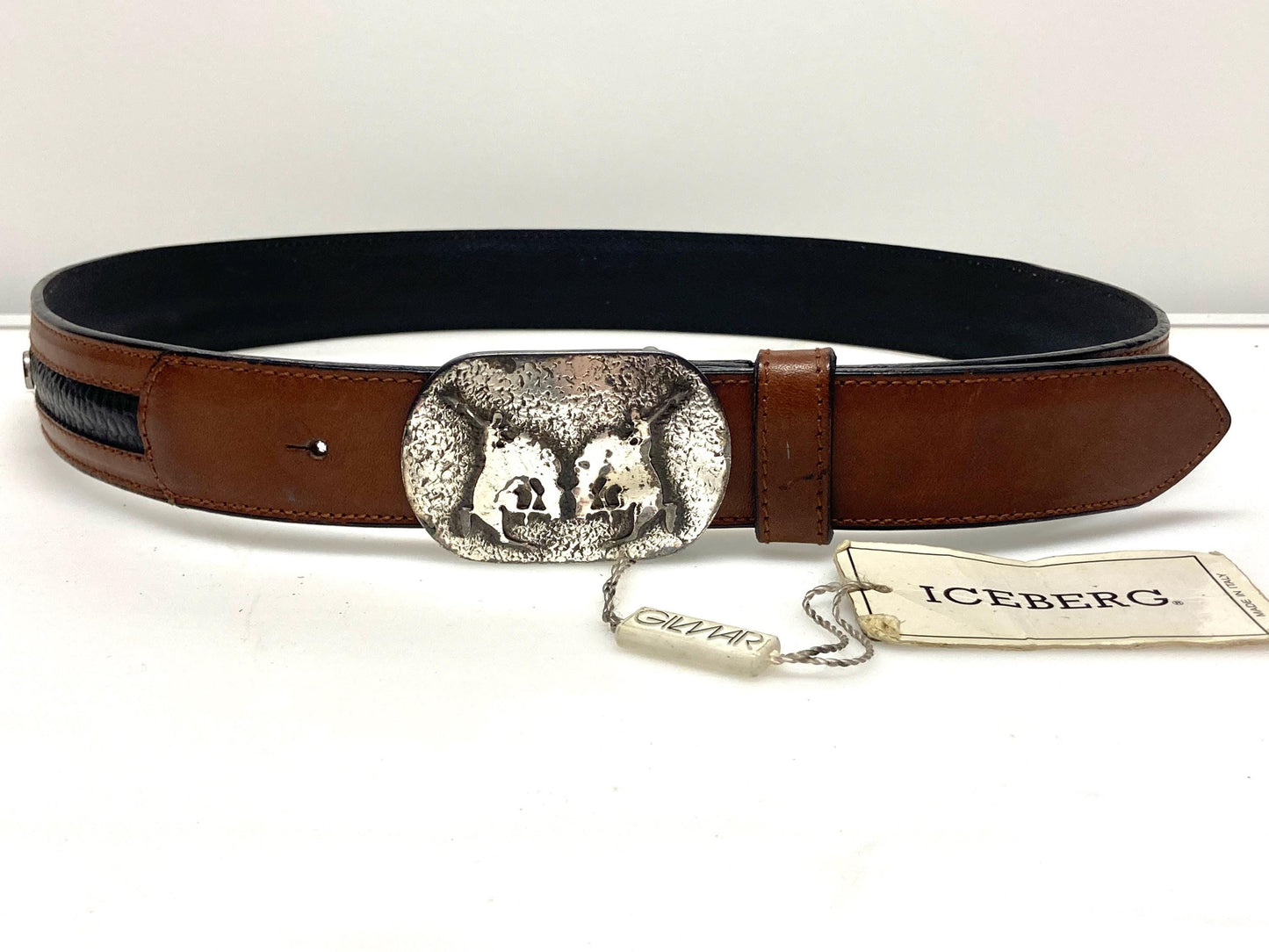 Iceberg 90s vintage black and brown genuine leather belt with big silver buckle depicting bucking bronco's. Made in Italy. BNWT. NOS