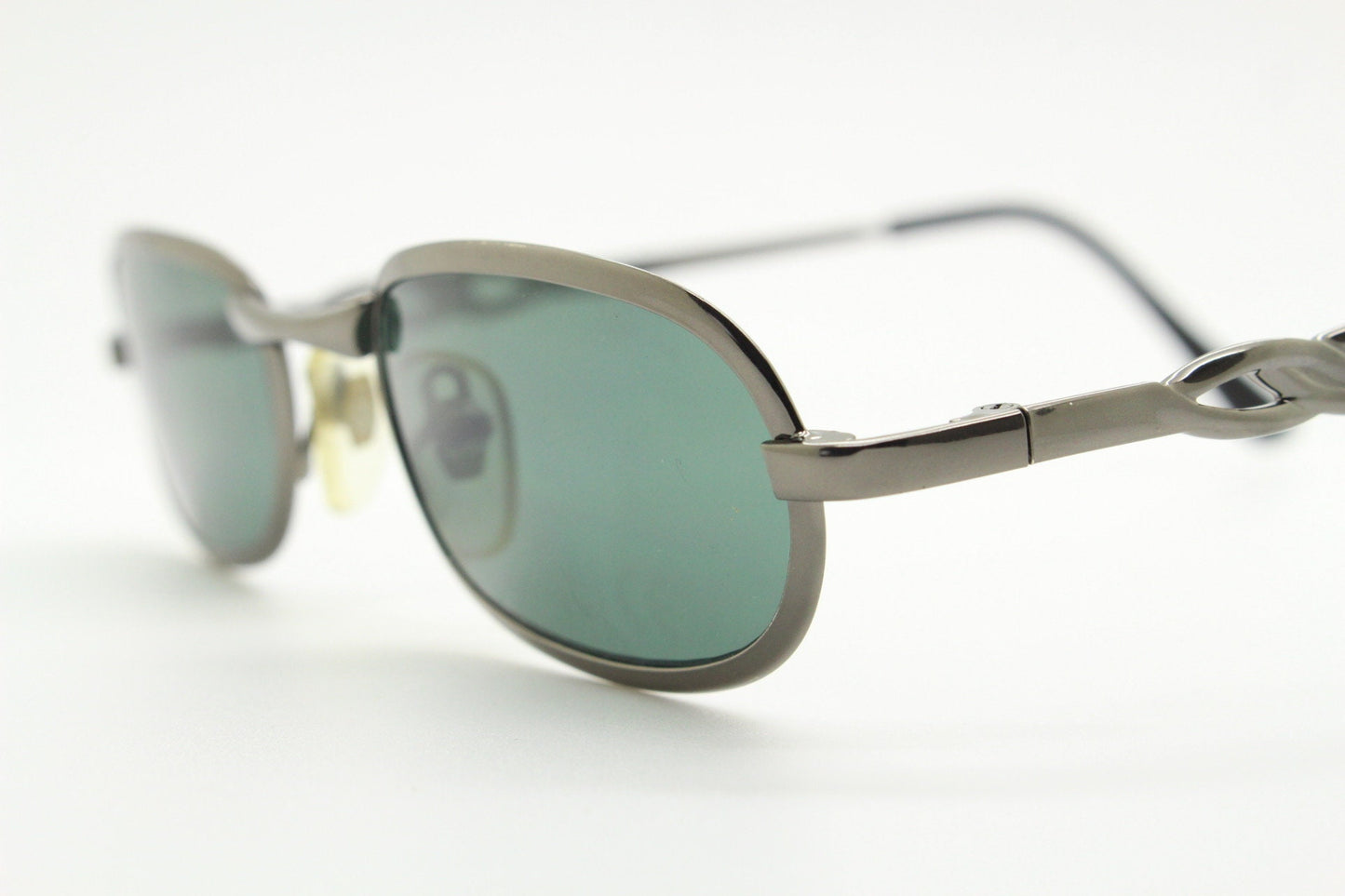 90s vintage oval solid metal sunglasses. Minimal gunmetal grey chrome frame with dark green lenses. Steampunk. Micro. Unused NOS