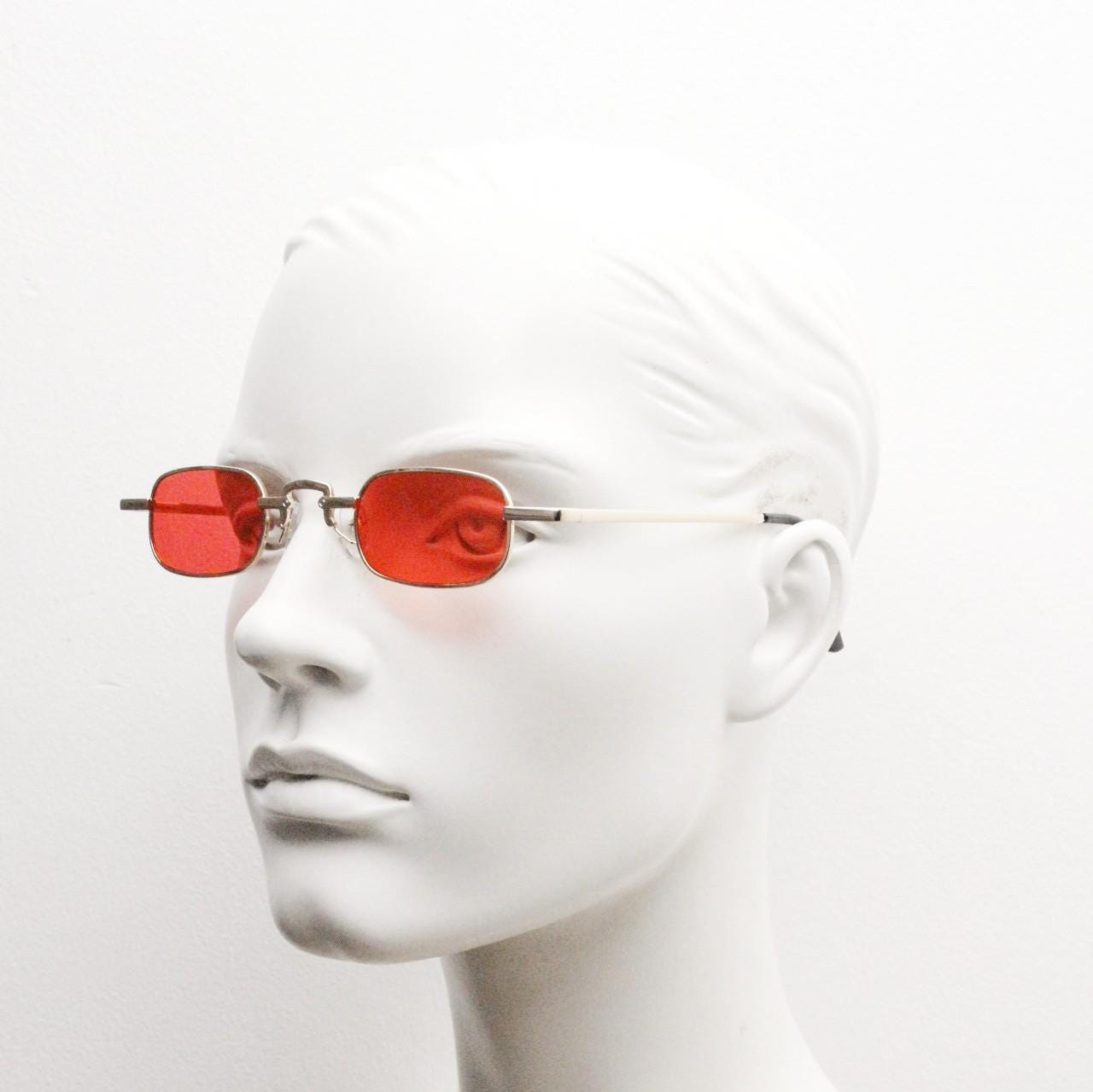 90s vintage small rectangular sunglasses. Imposing minimal gold metal victorian style frame with deep red lenses. Unused BNWT