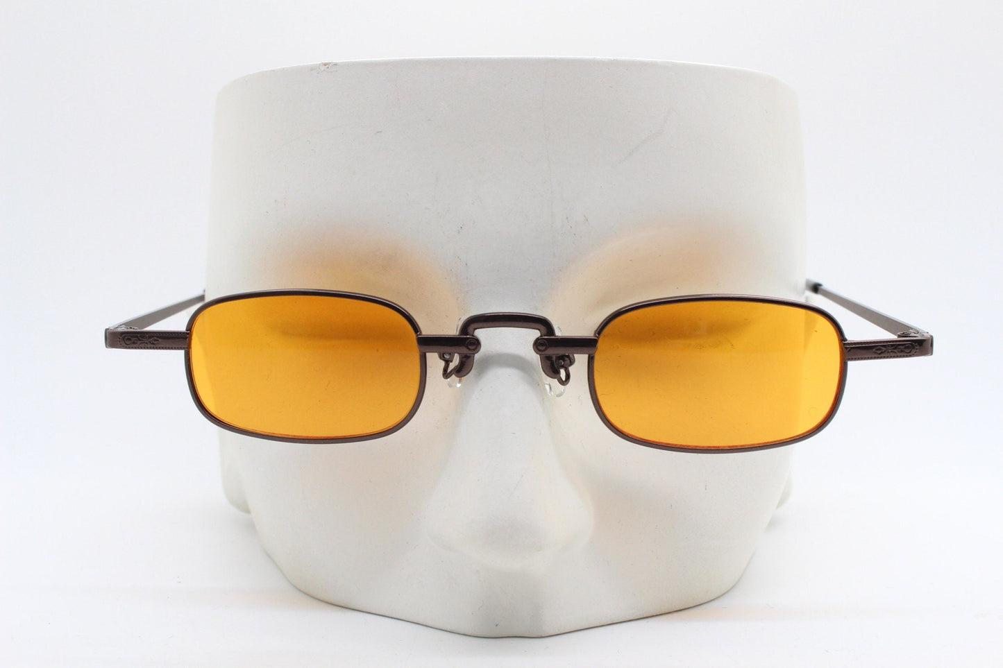 90s vintage small rectangular sunglasses. Imposing minimal bronze brown metal victorian style frame with orange lenses. Steampunk. BNWT