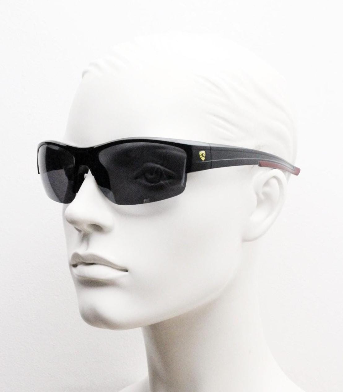 Y2K vintage sport shield sunglasses. Half frame plain black gloss wrap around aerodynamic mini mask design. BNWT. 2000's visor. 90s NOS