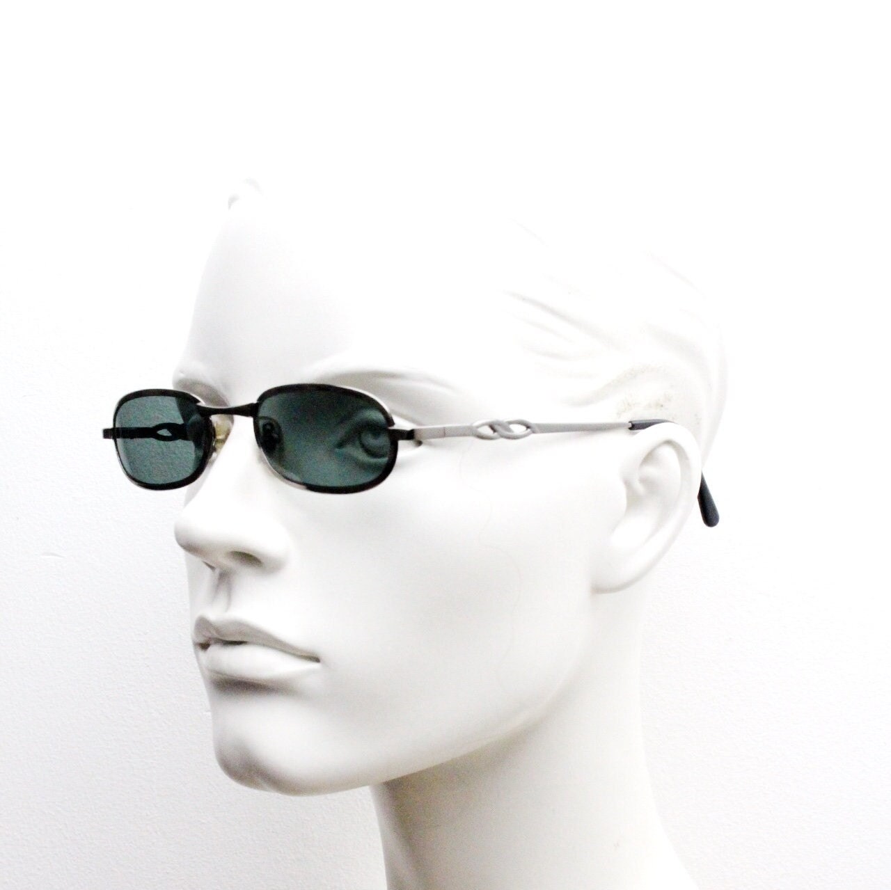 90s vintage oval solid metal sunglasses. Minimal gunmetal grey chrome frame with dark green lenses. Steampunk. Micro. Unused NOS