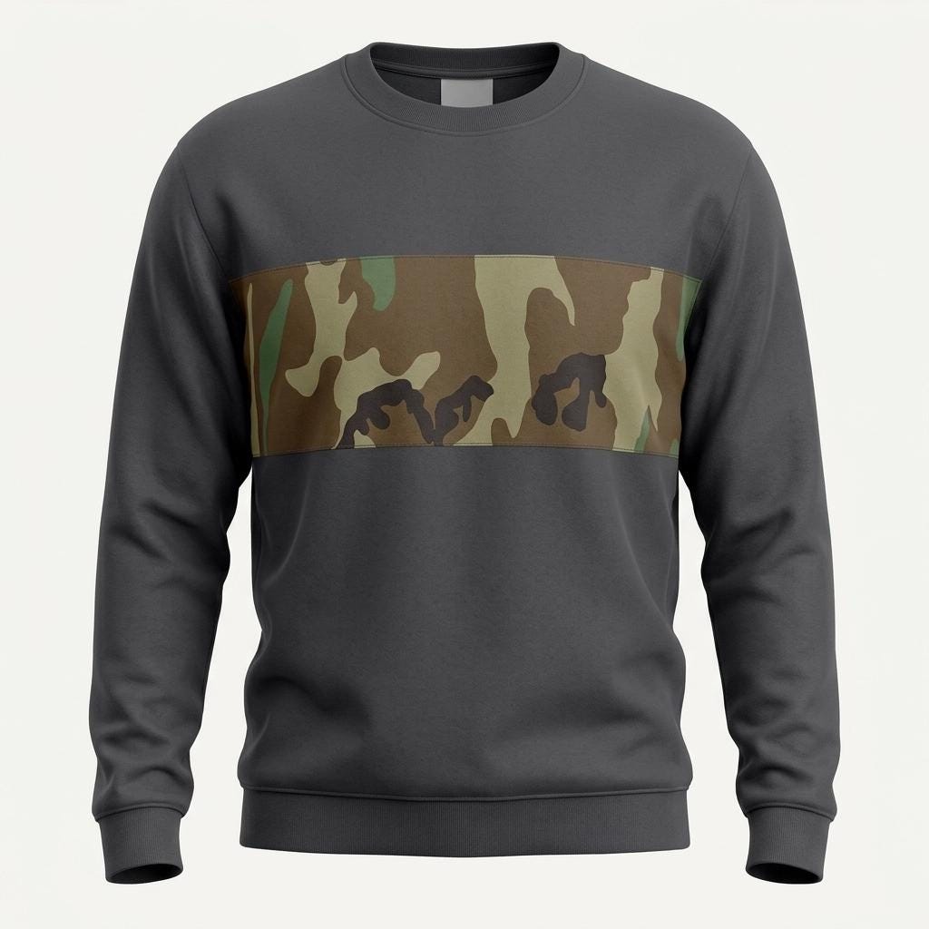 Customised Hanes vintage sweatshirt. Grey fitted crew neck pullover with camouflage panel. Round neck cammo jumper. Mens S