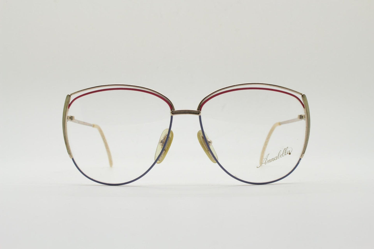 80s vintage gold metal eye glasses made in Italy by Annabella. Inventive double brow with pink highlights. Optical frame. Prescription NOS