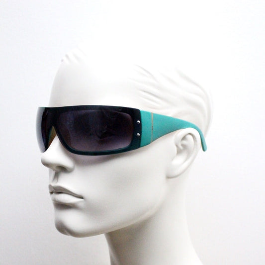 Y2K vintage visor sunglasses. Black massive mask mono lens wrap around shield with turquoise arms. Sick fashion grail. 2000s unused NOS