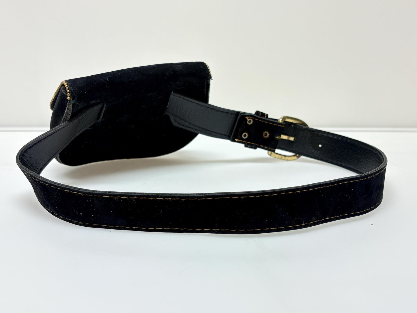 80s vintage womens black velvet dress or jeans / trousers with handy detachable fanny pack pouch with brass trim. Bum bag
