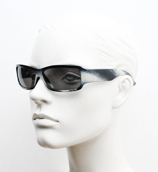 Y2k vintage wrap around rectangular sunglasses. Low profile curved white and black gloss frame with grey lenses. 2000's bug eye. NOS