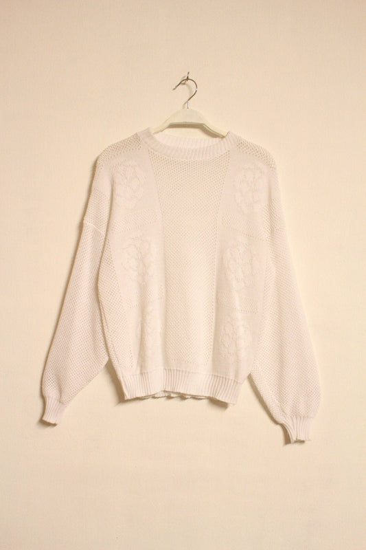 White 80s vintage crochet knit batwing jumper. Womens sweater. Knit pullover