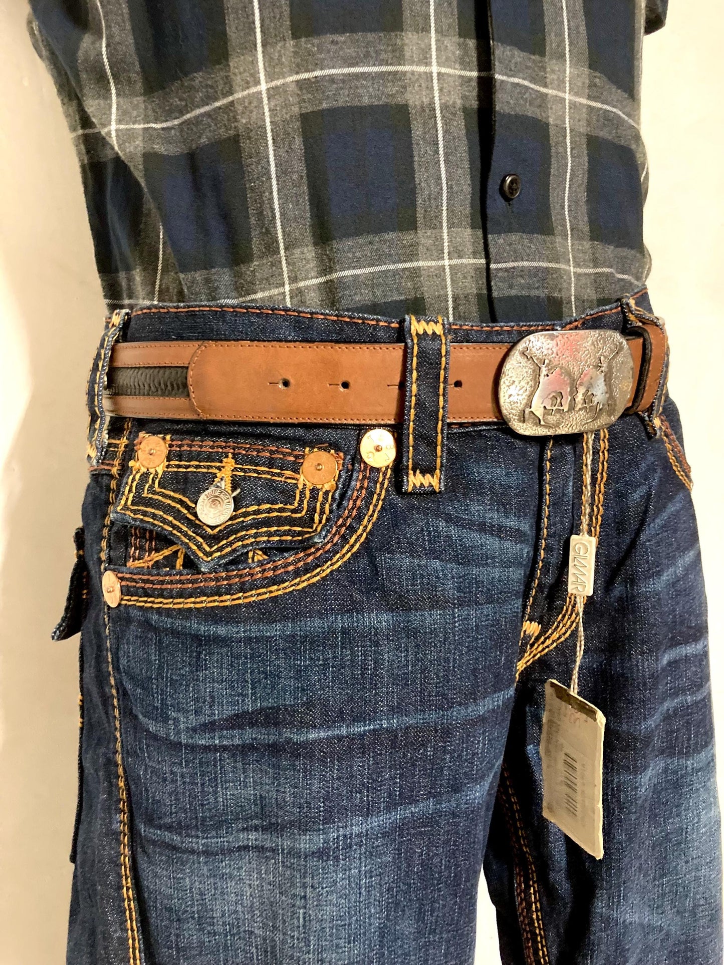 Iceberg 90s vintage black and brown genuine leather belt with big silver buckle depicting bucking bronco's. Made in Italy. BNWT. NOS
