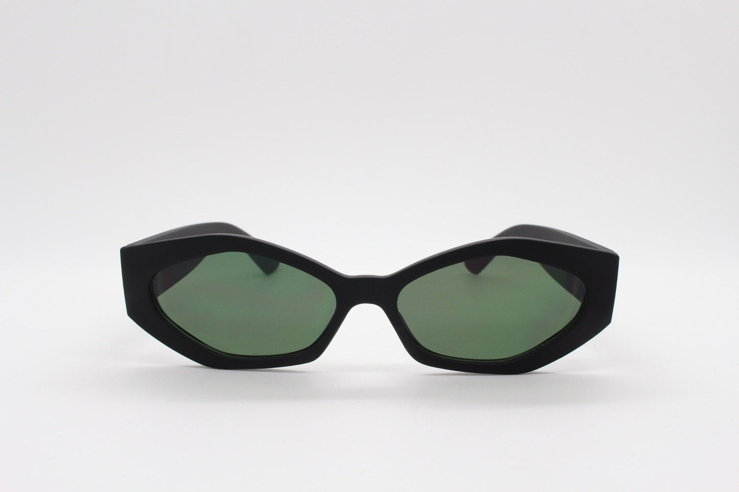 Vintage 90s low profile hexagon sunglasses. Jet black sharp angled 6 sided frame with full height arms in a matt rubber finish. Unused  BNWT