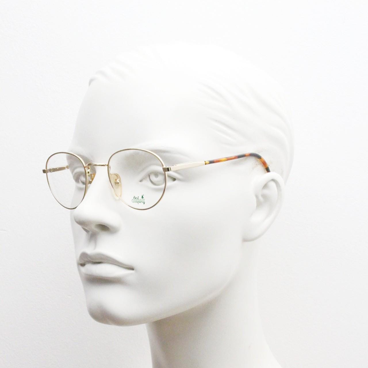 90s vintage round panto metal eye glasses by Best Co. Minimal gold optical frames with tortoise arms. Prescription eyeglasses. RX spectacles