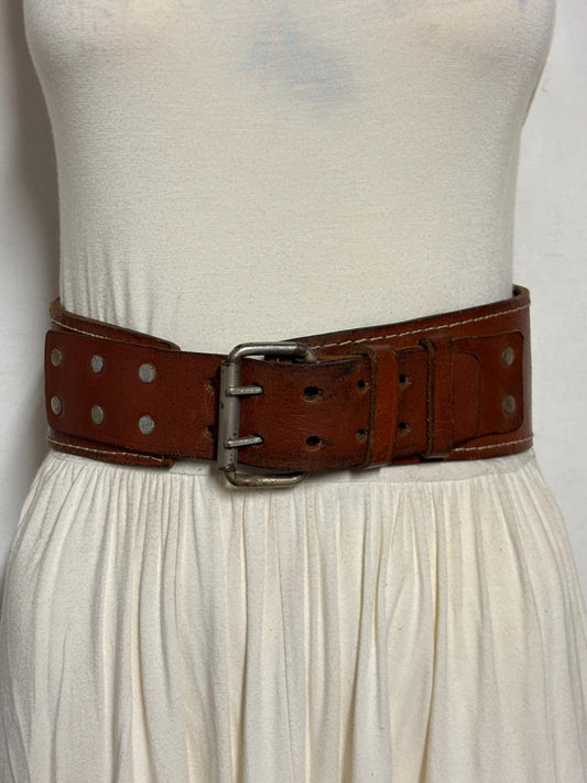 70s vintage womens real leather tall belt. Brown rigid corset style in double thickness cowhide. Weightlifters support. Medieval LARP