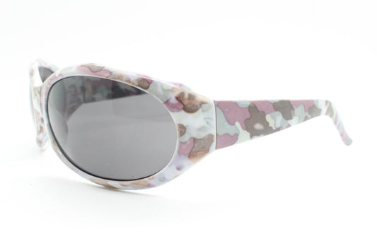 Y2k vintage curved camouflage pattern sunglasses. Wrap around bug eye 60s style shield frame with unbelievable cammo print. 2000s unused NOS