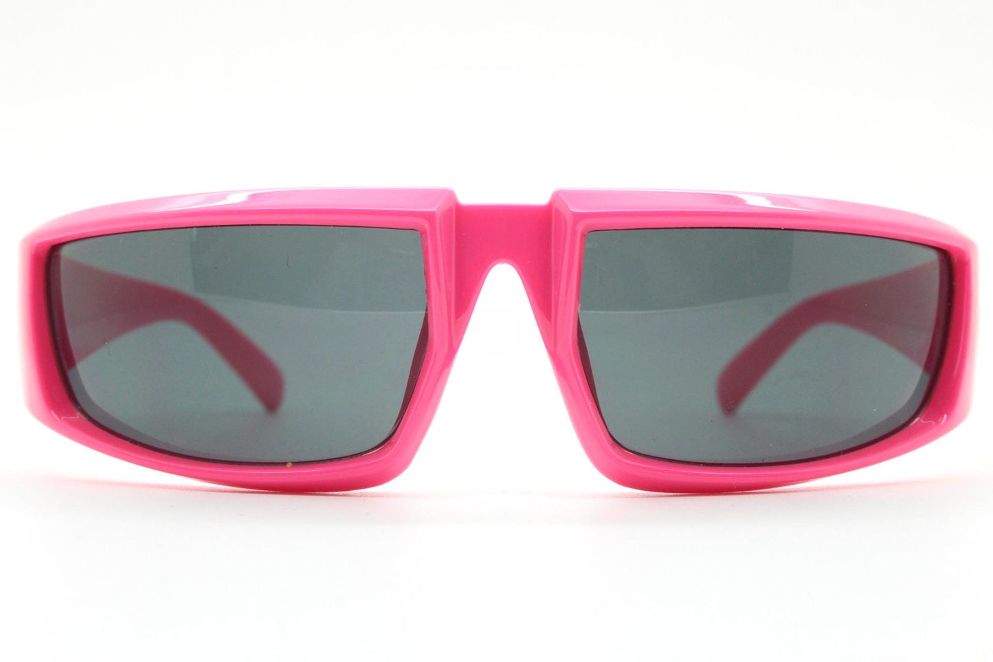 Y2k vintage 2 tone sunglasses. Shocking pink flat top shield style wrap around frame with black lenses. Fluorescent. Dayglo robot visor. NOS