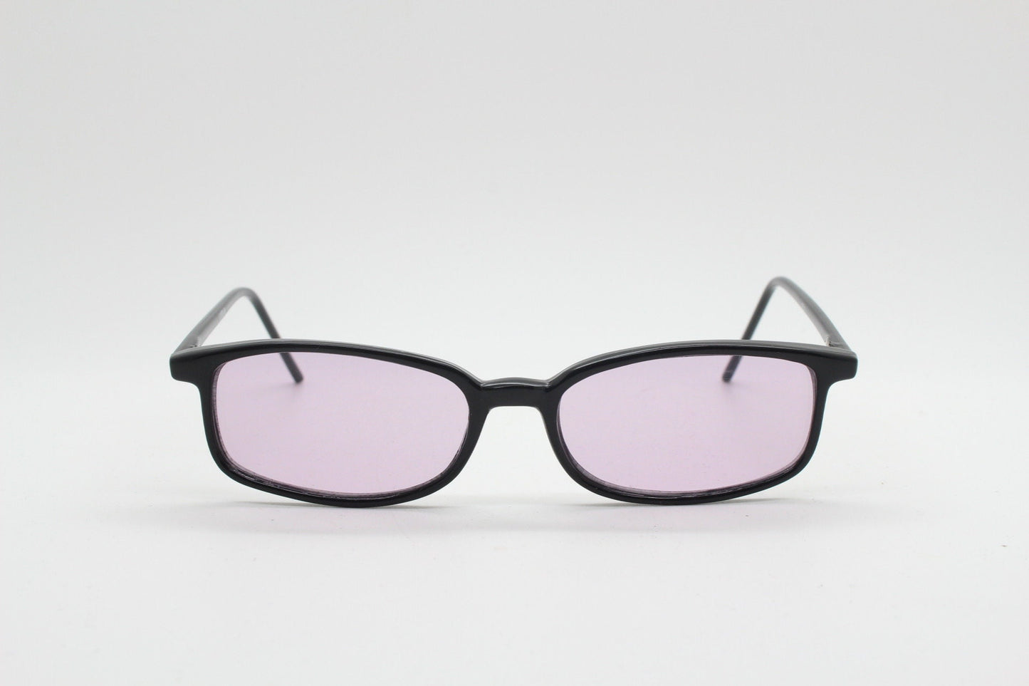 90s vintage rectangular sunglasses. Slim low profile black gloss frame with extra light tone lilac purple lenses. Y2K 2000s. BNWT Unused NOS
