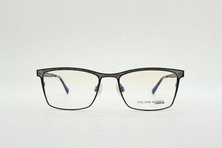 William Morris London rectangular eye glasses. Black matt flat metal optical frames with ornate silver pattern. Prescription RX eyeglasses.