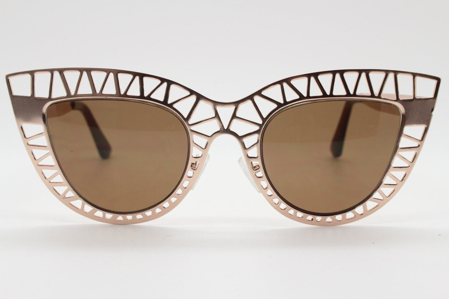 Y2K vintage metal cat eye sunglasses.  Women's extraordinary gold cut out lattice scaffold cateye frame with brown lenses. 2000s. BNWT