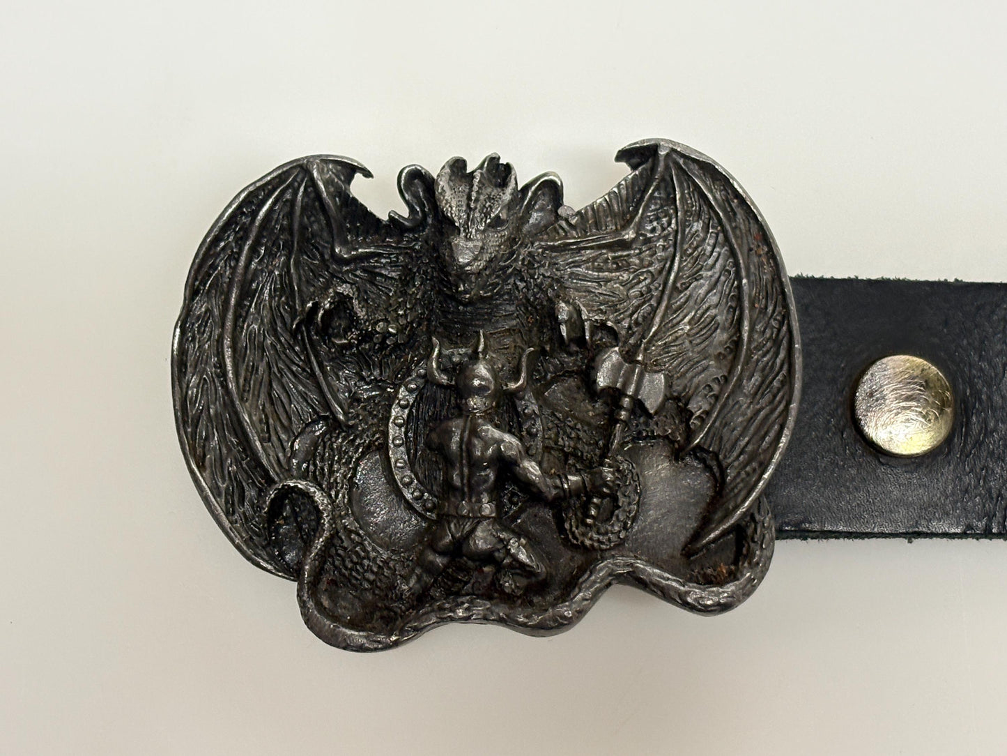 Bergamot brass works 1982 vintage 3D Beowulf and the dragon buckle on black genuine leather  changeable belt. Mythical fantasy. 80s