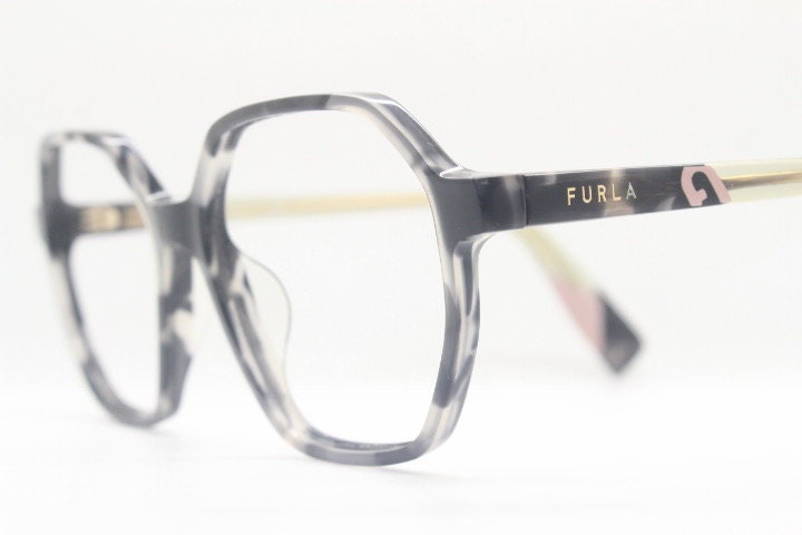 Furla hexagon eye glasses. Grey \ clear marbled acetate optical frame with transparent arms. Vintage prescription RX spectacles. RRP 135 GBP