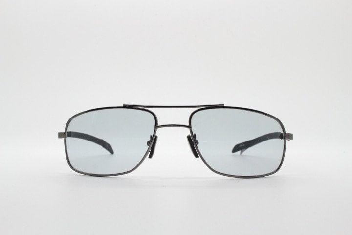 90s vintage modified rectangular aviator sunglasses. Gunmetal chrome frame aviators with light tone smoky grey lenses. Unused NOS