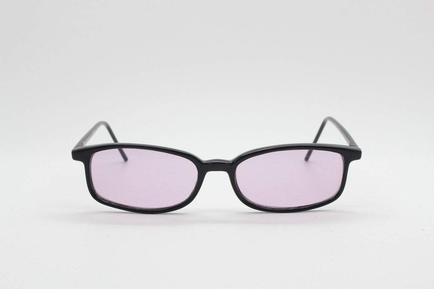 90s vintage rectangular sunglasses. Slim low profile black gloss frame with extra light tone lilac purple lenses. Y2K 2000s. BNWT Unused NOS