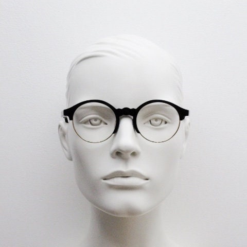 Kaleos round half frame eye glasses. Black gloss acetate browline optical frames with gold underwire. Prescription eyeglasses. RX