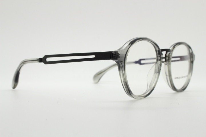 Serge Kirchhofer vintage round titanium eye glasses made in Italy. Transparent grey acetate optical frames. Prescription eyeglasses. RX