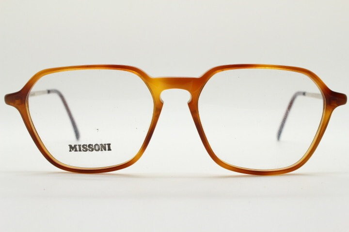Missoni 90s vintage square hexagon eye glasses made in Italy. Transparent brown optical frames with enamel tiger arms. Prescription RX NOS