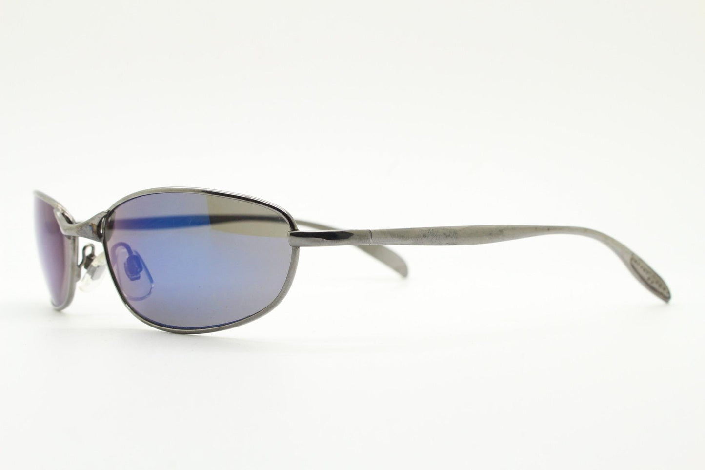 90s vintage oval small bug eye sunglasses. Curved grey chrome finish solid metal frame with blackout mirror lenses. Quality NOS