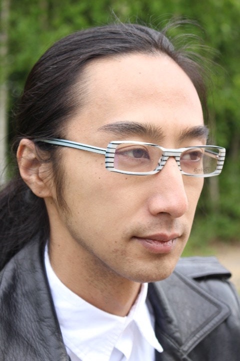 Berkeley & Son London rectangular90s vintage eye glasses. Black and white horizontal striped acetate optical frame. Prescription RX