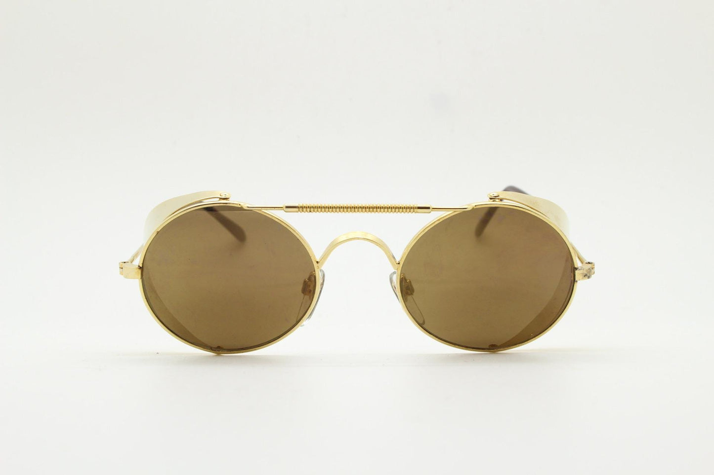Farrows by Linda Farrow vintage 80s goggle sunglasses model 365. Gold chrome glacier design with matching mirror lenses. Blinkers. NOS