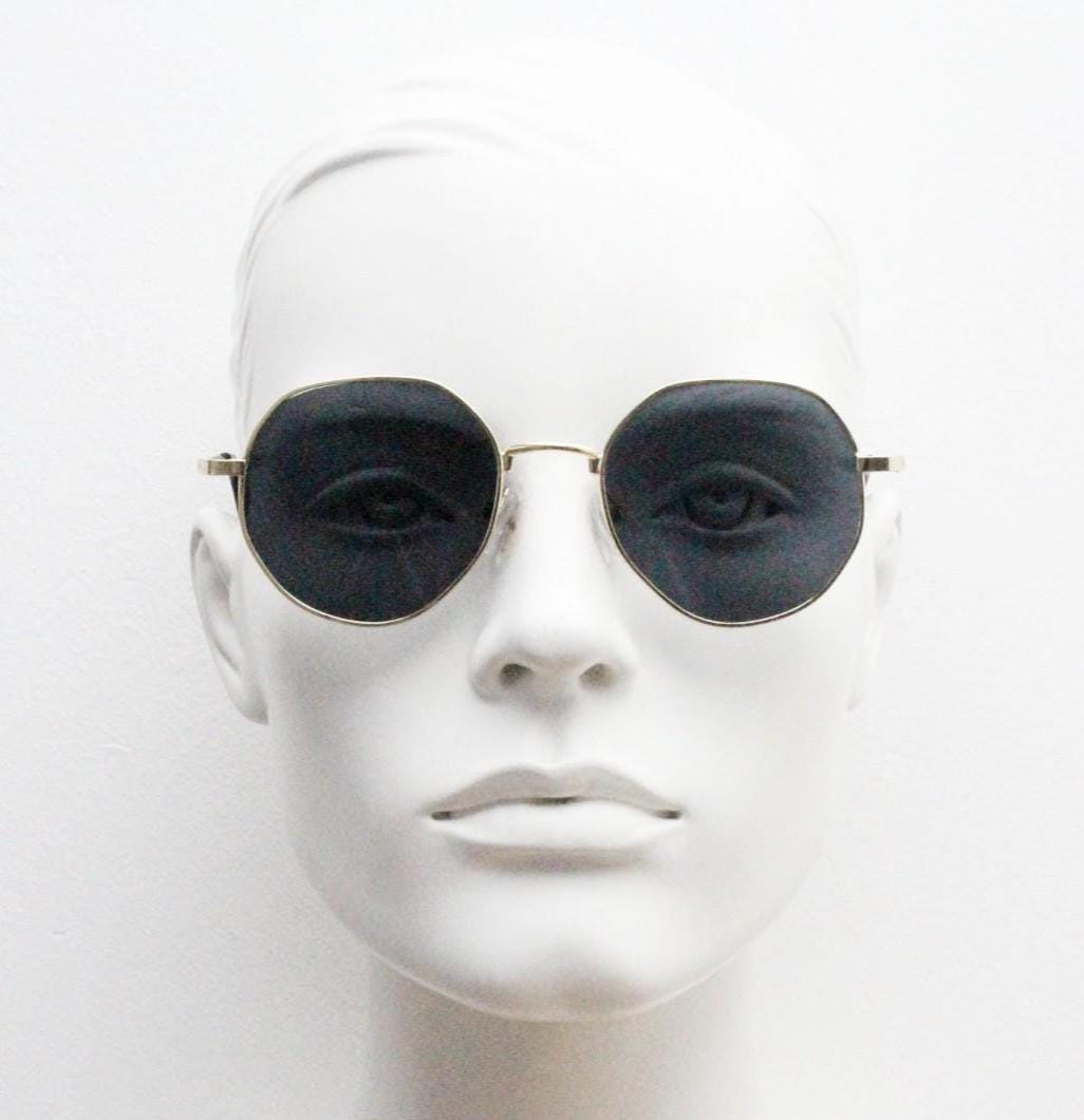 90s vintage modified aviator sunglasses, 6 sided soft angled metal frame in gold chrome with indented patterned arms. Unused NOS