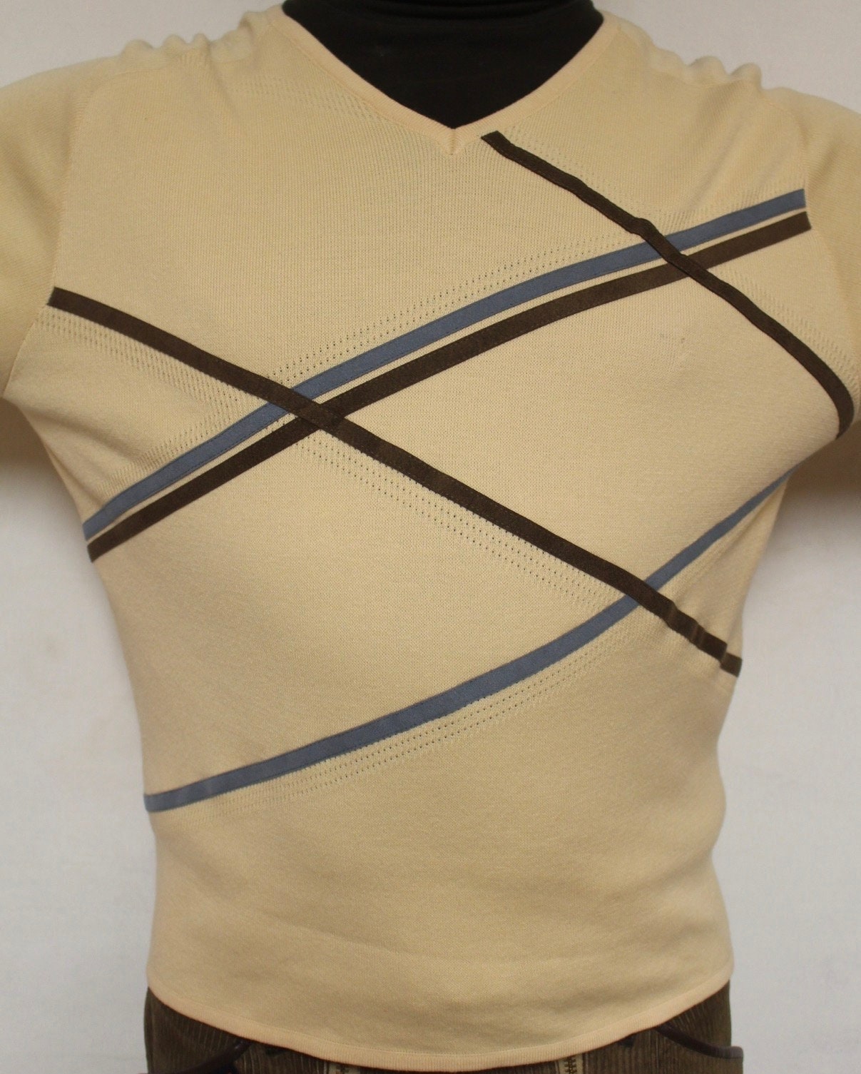 Gabicci vintage cotton knit argyle jumper in yellow with brown stripes. Mens crew neck sweater. BNWT. Round neck pullover