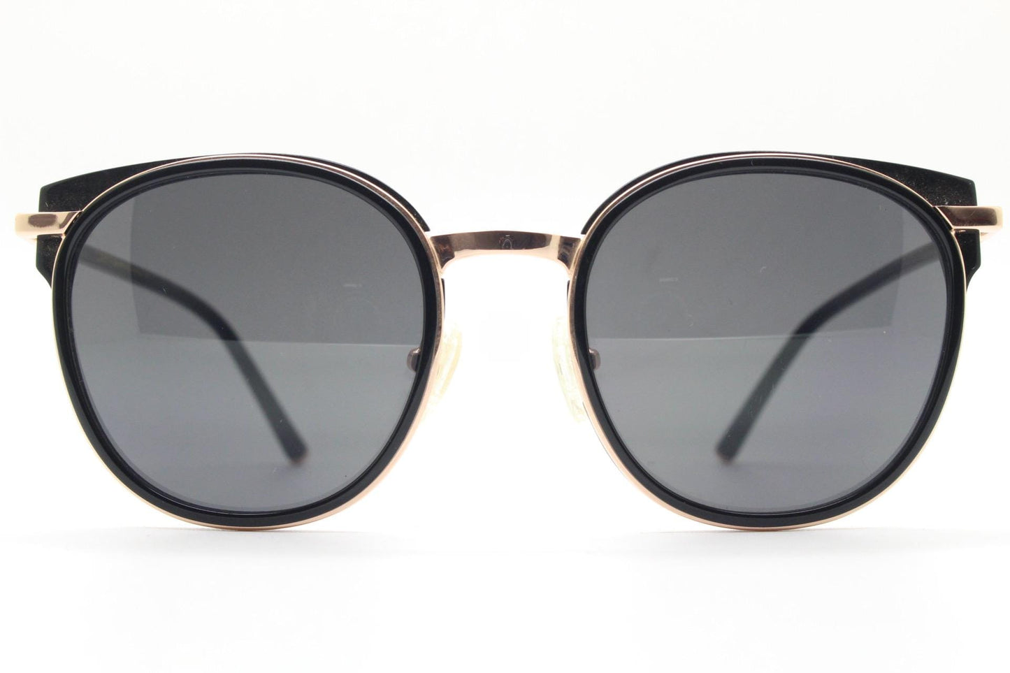Carin round cat eye sunglasses, Gold metal frame with black cateye insets and matched dark tone lenses and slender arms