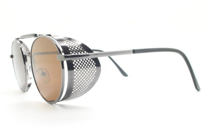 90s vintage round goggle sunglasses. All metal grey chrome frame with folding blinkers and brown lenses. Spoilers. Steampunk. NOS