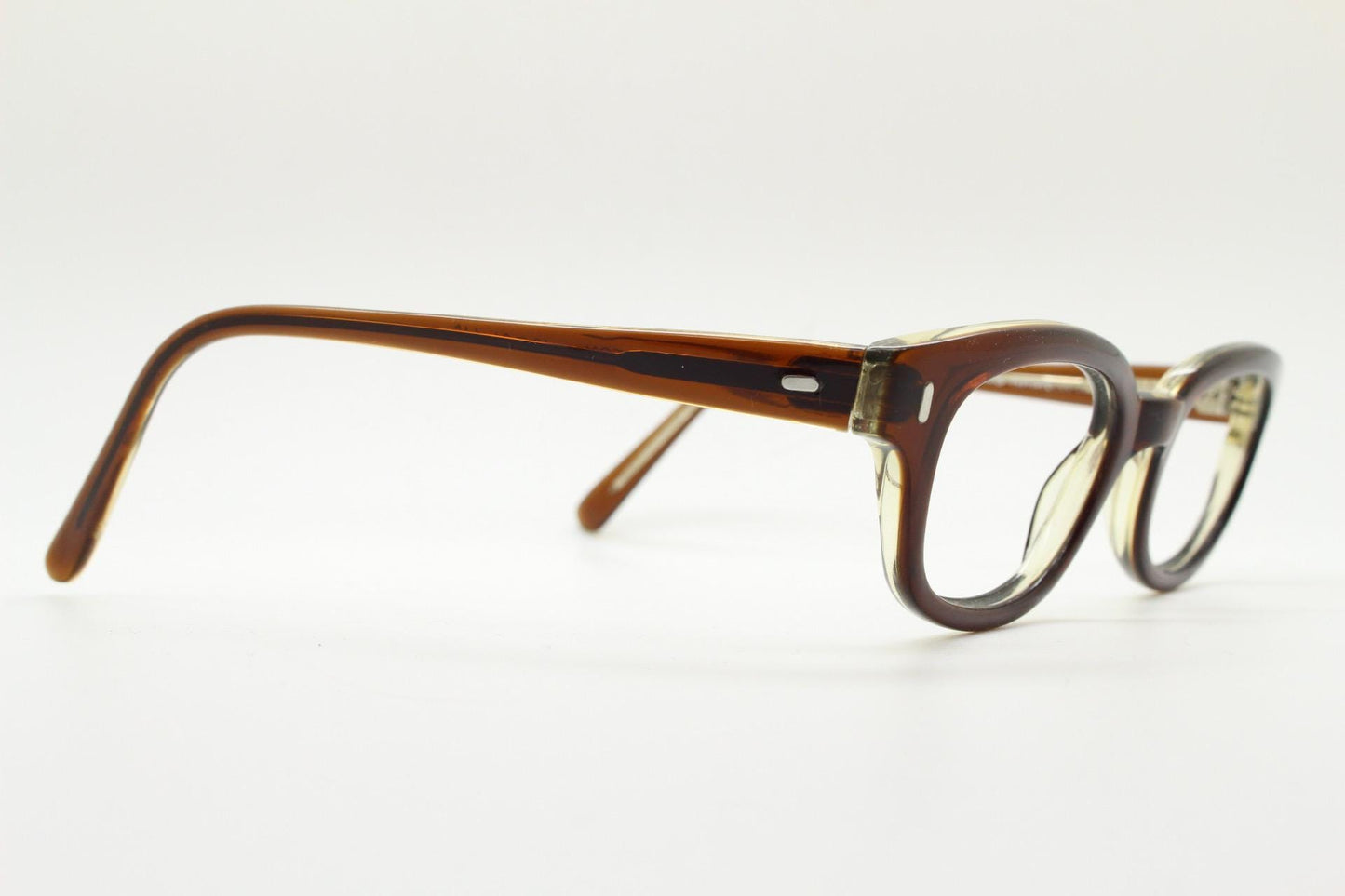 No Name eyewear rectangular low profile eye glasses. Quality brown gloss acetate optical frames. Prescription vintage RX spectacles