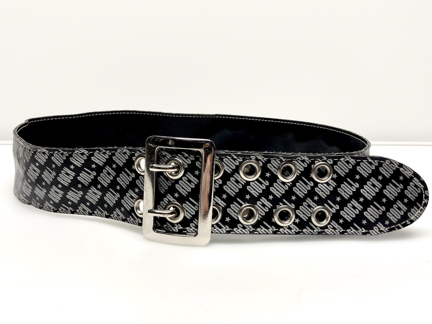 Paul Frank Y2K vintage mens big 'Rock n Roll' designer belt in black and silver. Made in the USA. 2000s NOS Mens large