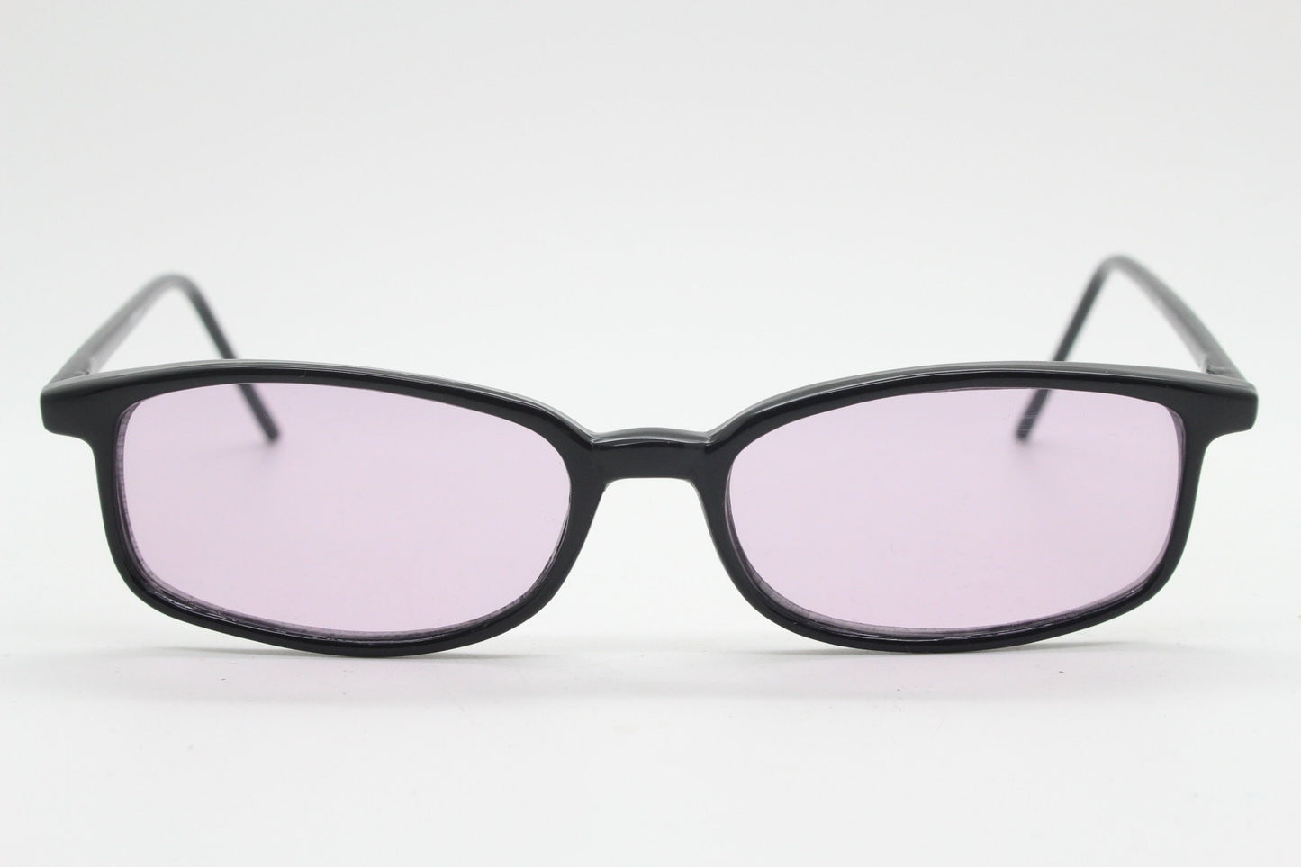 90s vintage rectangular sunglasses. Slim low profile black gloss frame with extra light tone lilac purple lenses. Y2K 2000s. BNWT Unused NOS