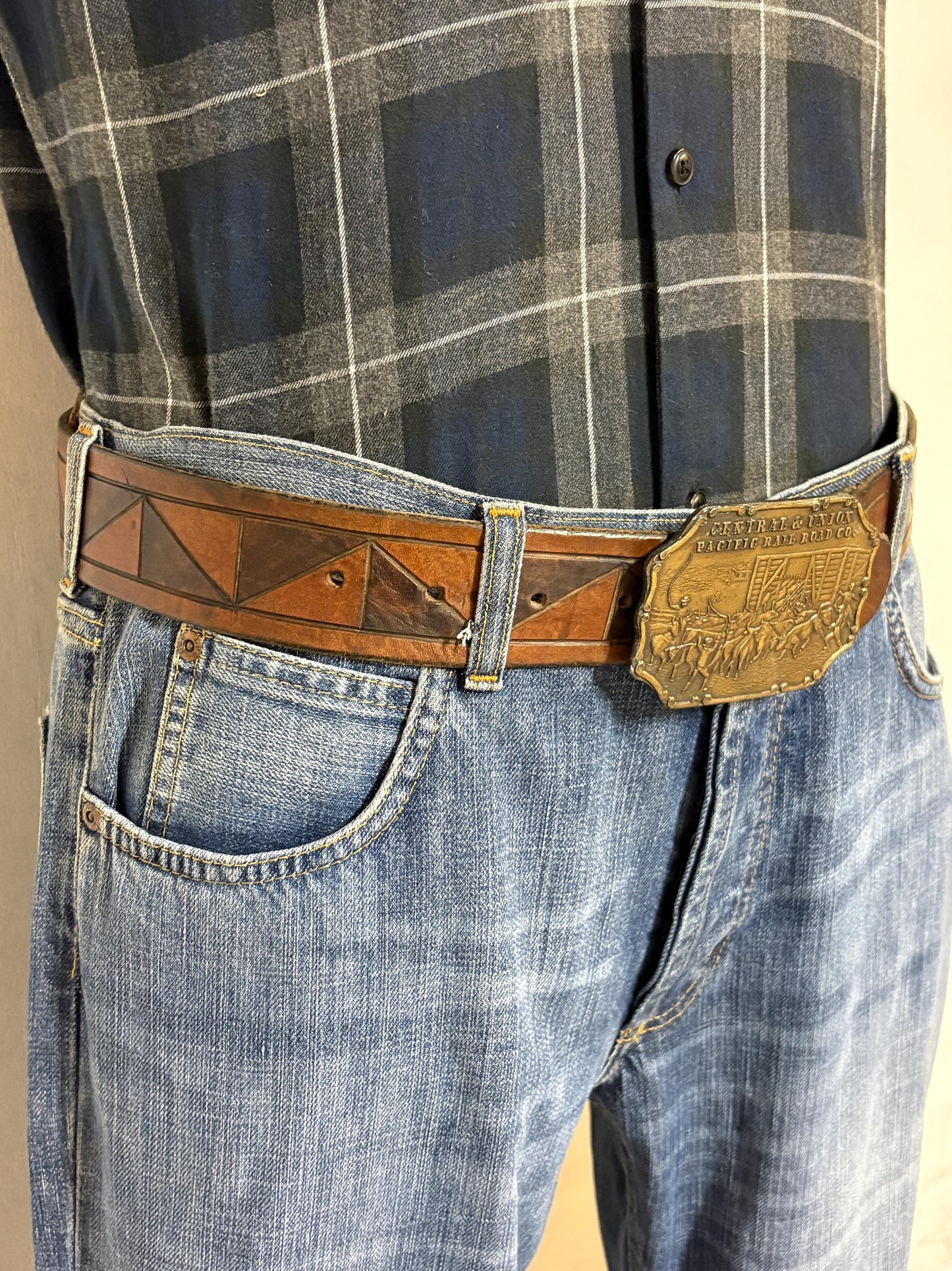 70s vintage brown triangles genuine leather western cowboy belt with big brass changeable buckle. Union Pacific Railroad. Thick cowhide.
