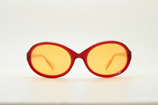 Alain Mikli Y2k vintage mini goggle sunglasses. Red transparent oval curved frame with blazing orange lenses. Definitive 2000s NOS