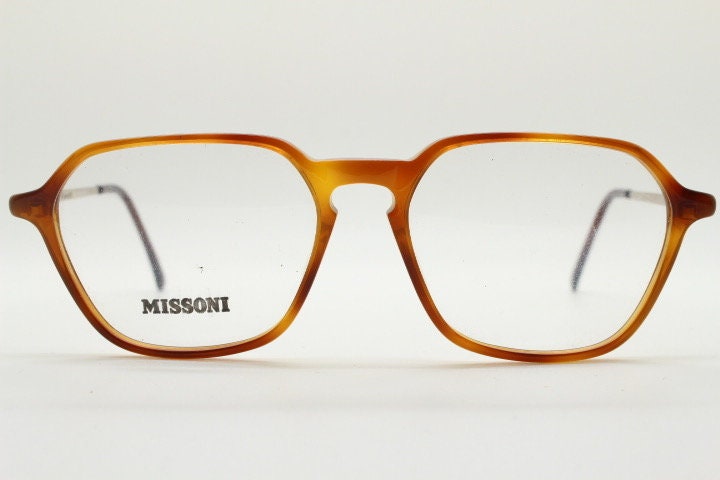 Missoni 90s vintage square hexagon eye glasses made in Italy. Transparent brown optical frames with enamel tiger arms. Prescription RX NOS