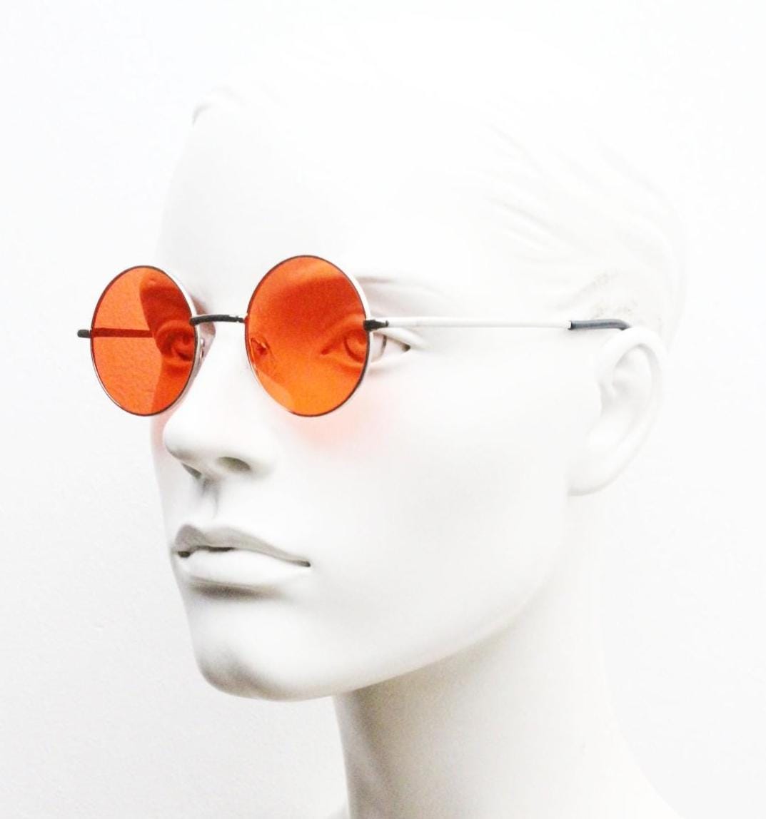 90s round vintage sunglasses. Silver chrome metal frame with intense red lenses. 1920's style. John Lennon. Steampunk teashades. BNWT