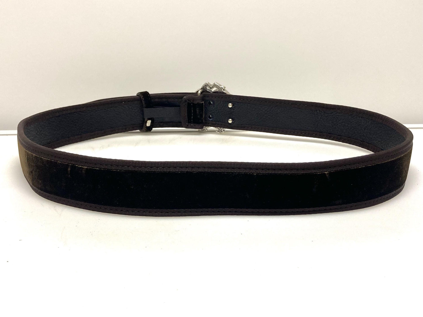 Roberto Cavalli Y2K vintage belt. Brown velvet with tape edge, Logo 'shield' buckle and leather back. Made in Italy. Mens NOS with dust bag
