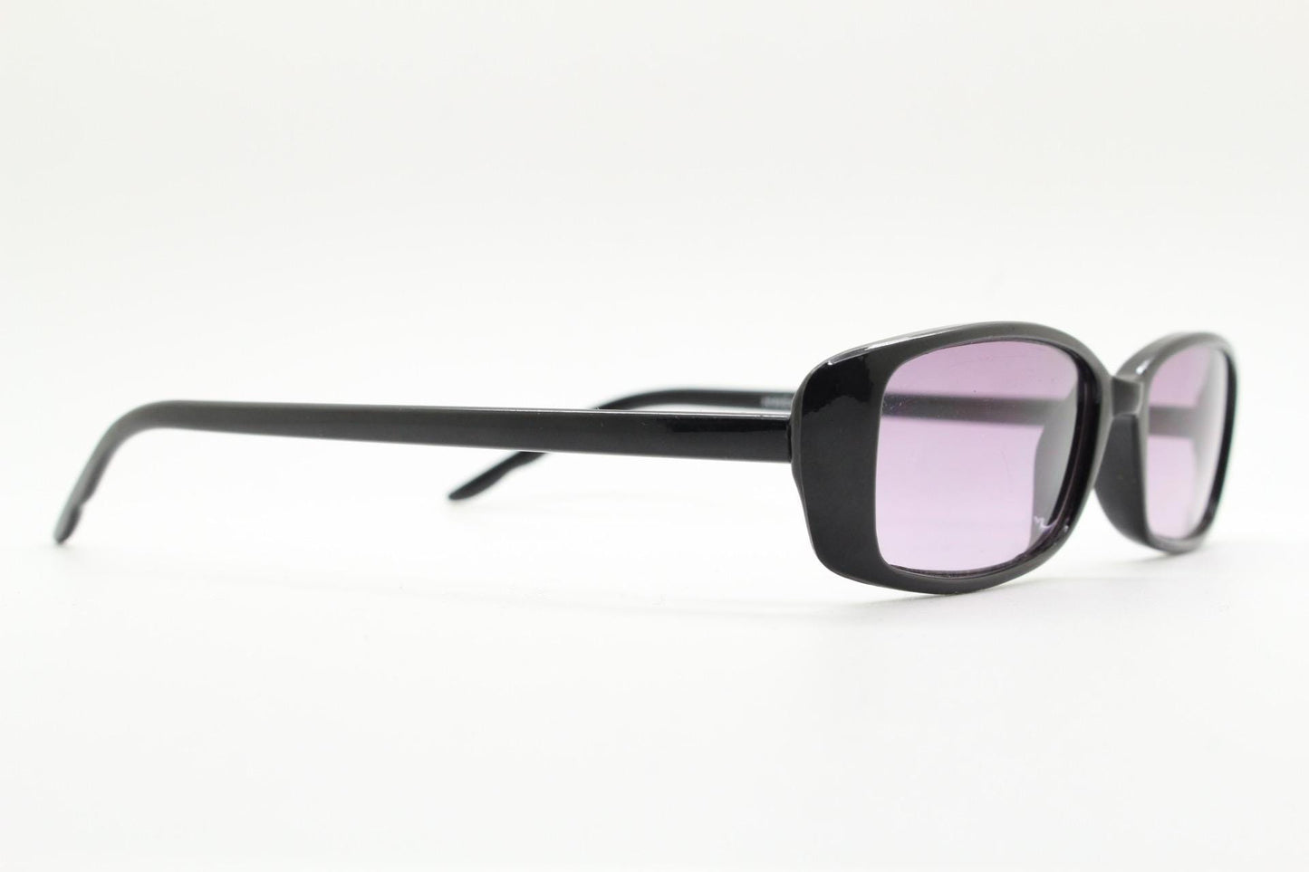 90s vintage rectangular sunglasses. Slim low profile black gloss frame with light tone  purple lenses. Y2K 2000s. BNWT Unused NOS