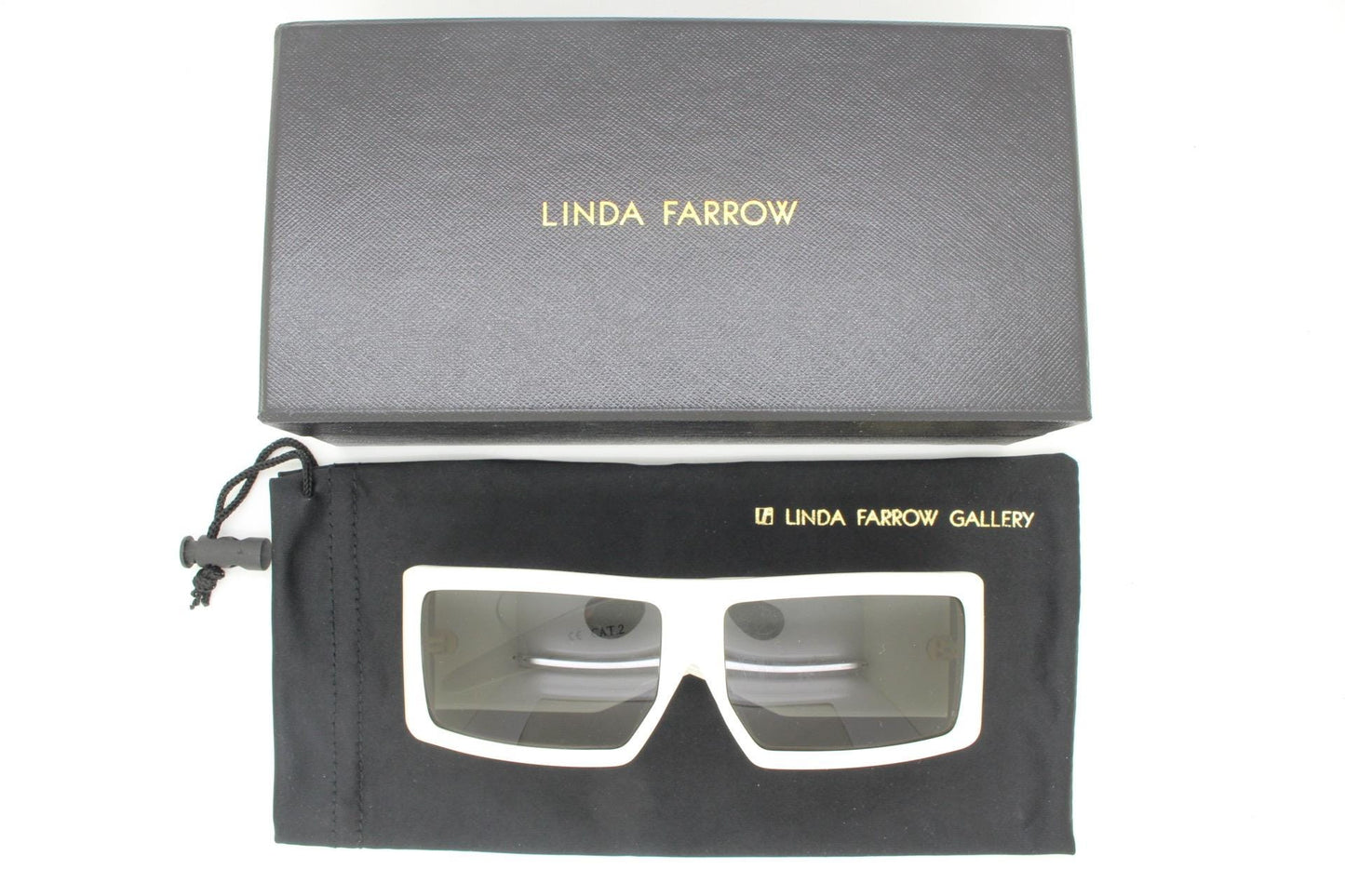 Jeremy Scott by Linda Farrow square sunglasses. Substantial ice white acetate frame with full height arms. Gallery Projects Vintage. NOS
