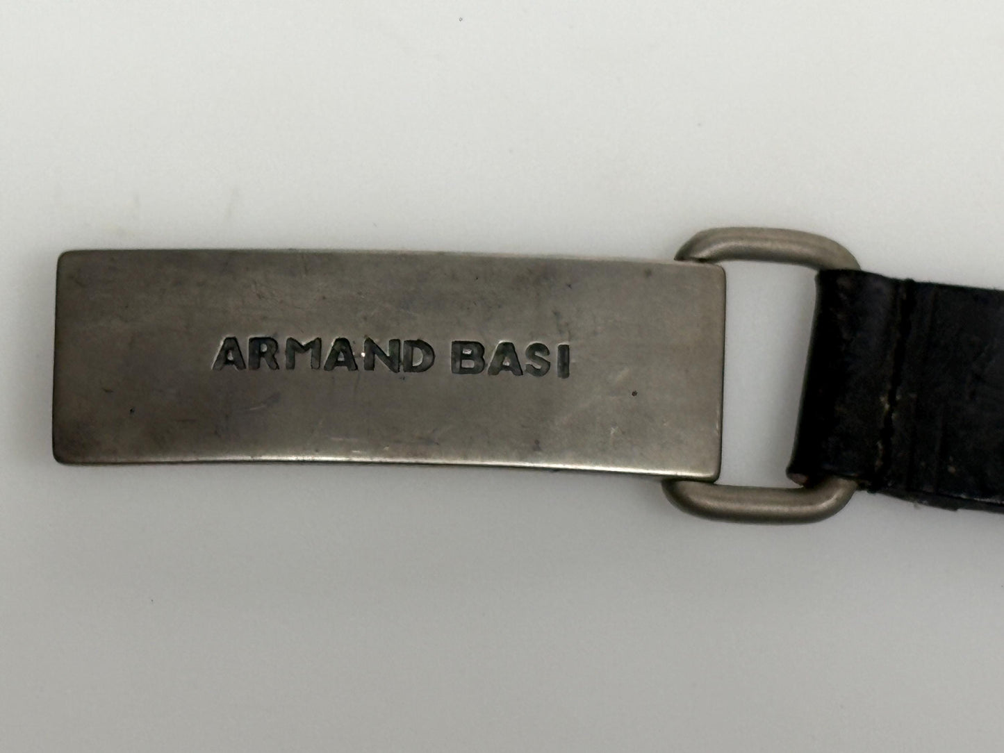 Armand Basi 90s vintage thick black genuine leather belt with distressed wide rectangular metal logo buckle. Single piece cowhide. Mens