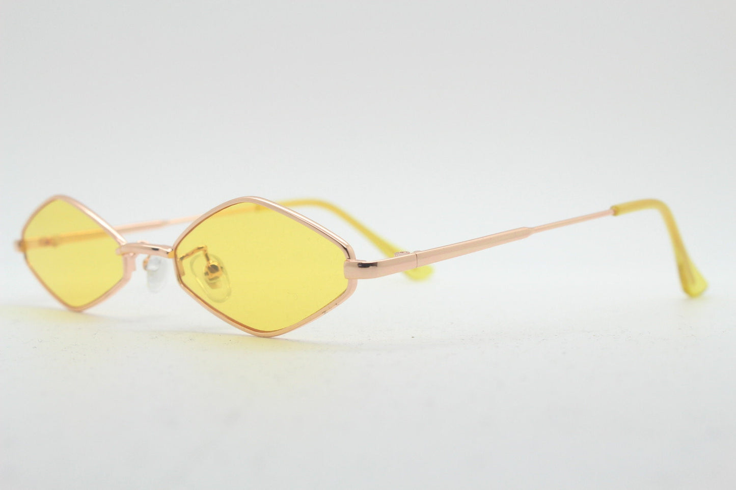 90s vintage small diamond sunglasses. Minimal gold psychedelic mod style frame with bright yellow lenses. Unused BNWT